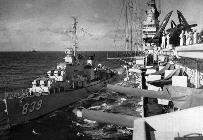 USS Power (DD-839) refueling from Midway (CVB-41) c1947.jpg